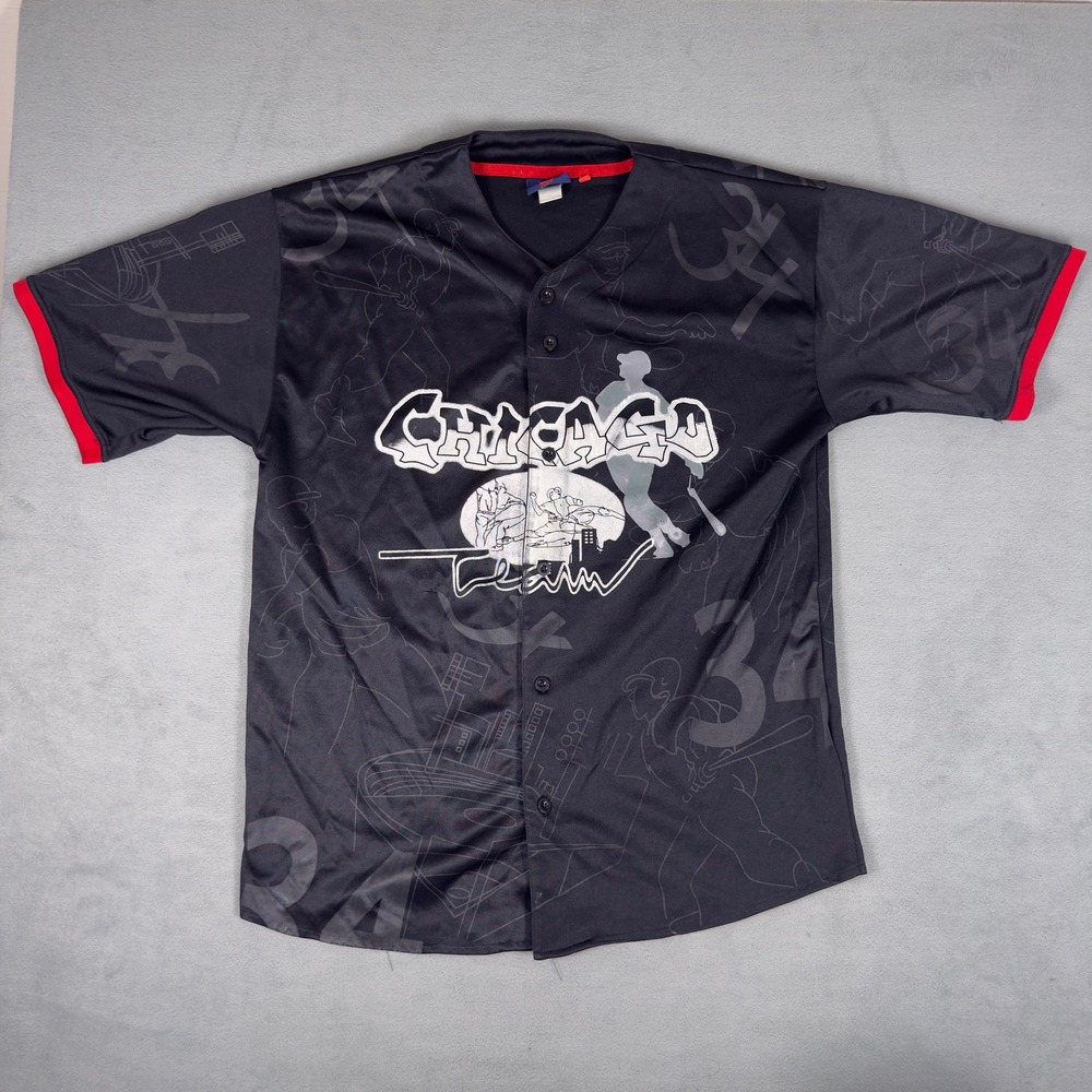 Boomx Y2K Chicago‎ Team Baseball Jersey Black Red Sublimated Mens XXL Button Up